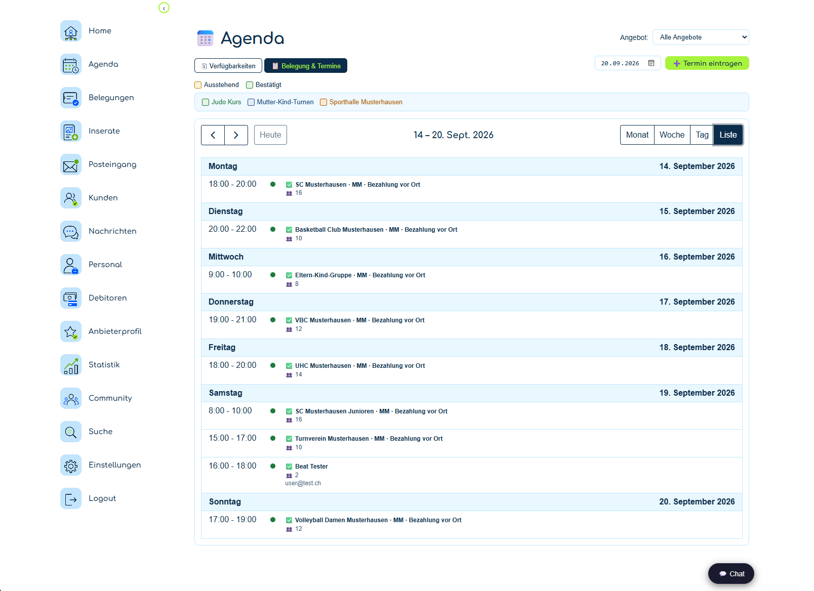 Platzuna Agenda mit Belegungen und Terminen, Beispieldaten